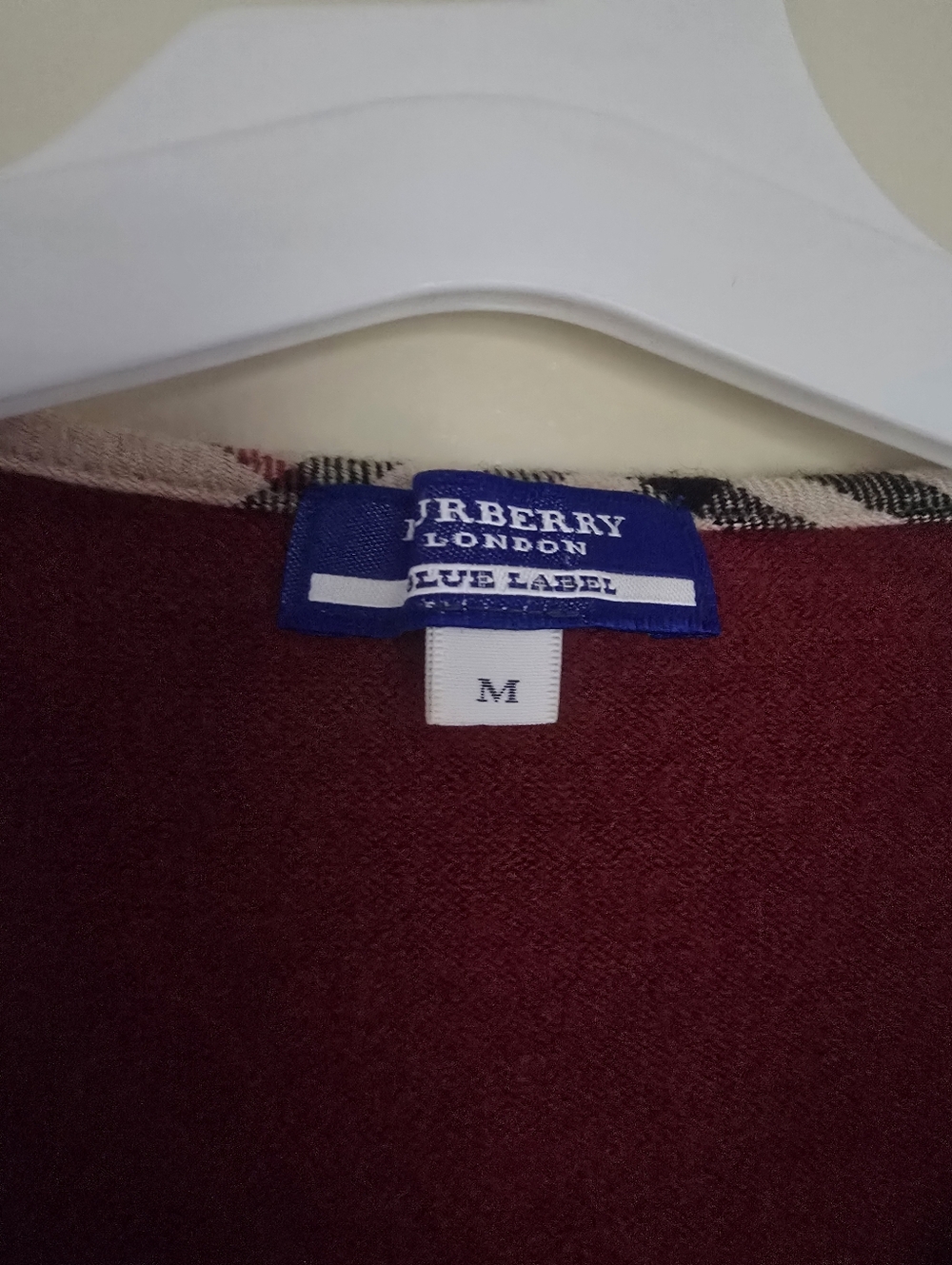 Burberry Blue Label Japanese Wool Burgundy V-Neck Sweater Nova Check Trim Rare - Picture 12 of 12